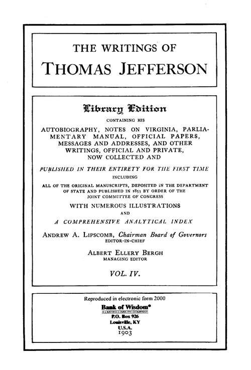 (image for) The Writings of Thomas Jefferson - Vol. 4 of 20 Vols.
